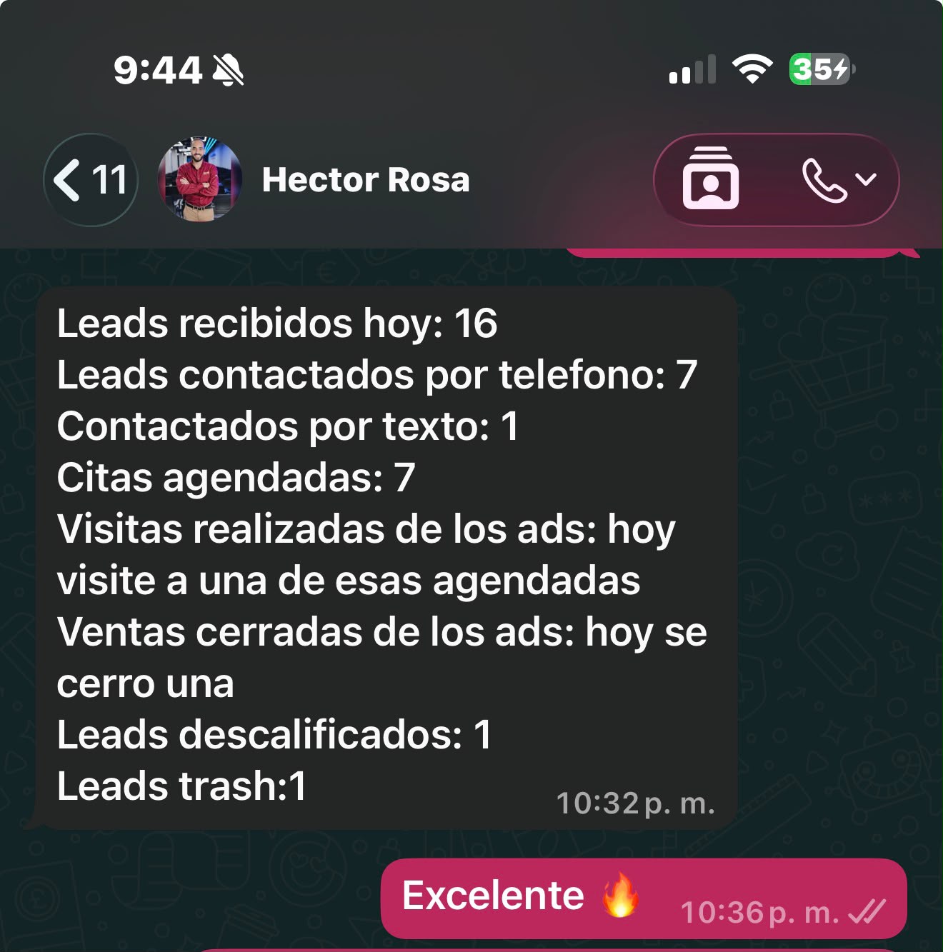 Conversación de WhatsApp — testimonio de cliente