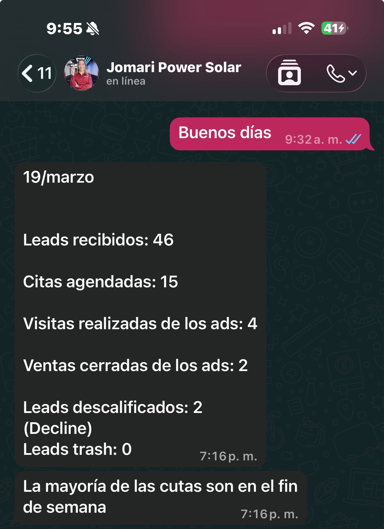 Conversación de WhatsApp — testimonio de cliente